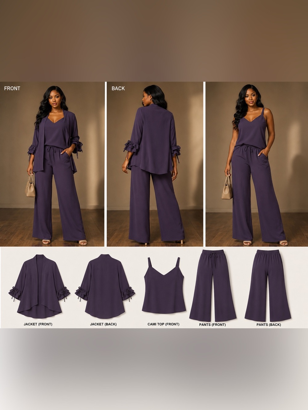 Women’s 3 Piece Outfit Set Plum Open Front Jacket Cami Top Wide Leg Pants L